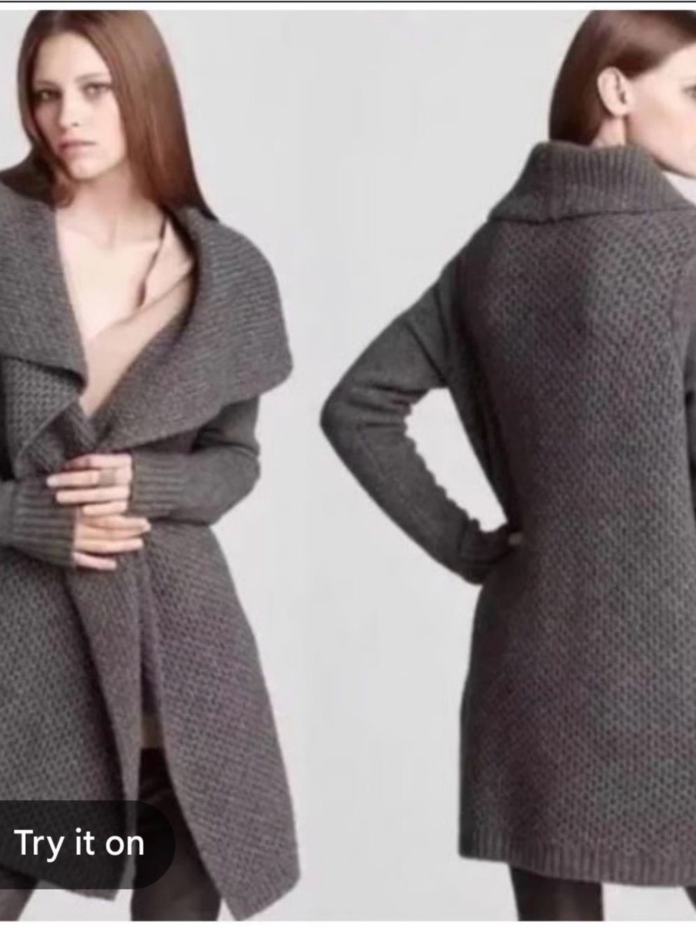 Vince Charcoal Yak Wool Open-Front Knit Honeycomb Drape Cardigan